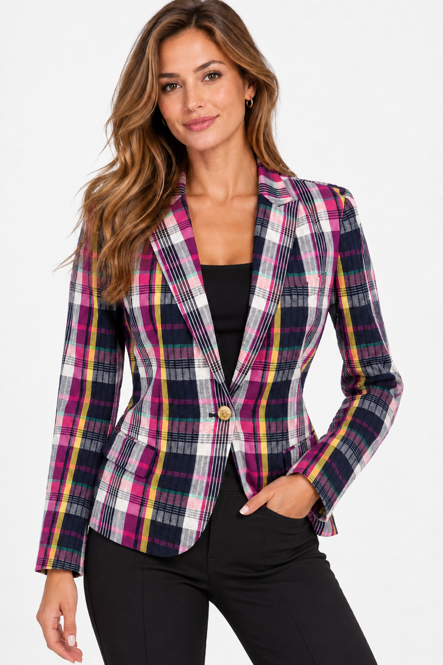 Anne Klein Women's Small Plaid Multi Color 100% Cotton Blazer Chic Bold Style